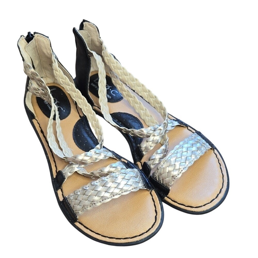 B.O.C. Born Concepts Size 8 Leather Gladiator Sandals Gold Black Braided Strap